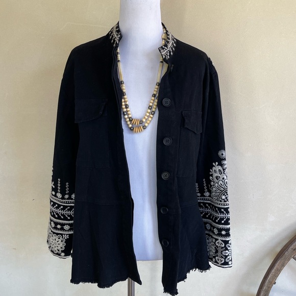 JOHNNY Was Embroidered Black Linen Style Full Button Front Jacket Woman’s M NWOT - Picture 4 of 12